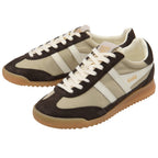 Pair of brown and beige Gola trainers with white laces on a white background