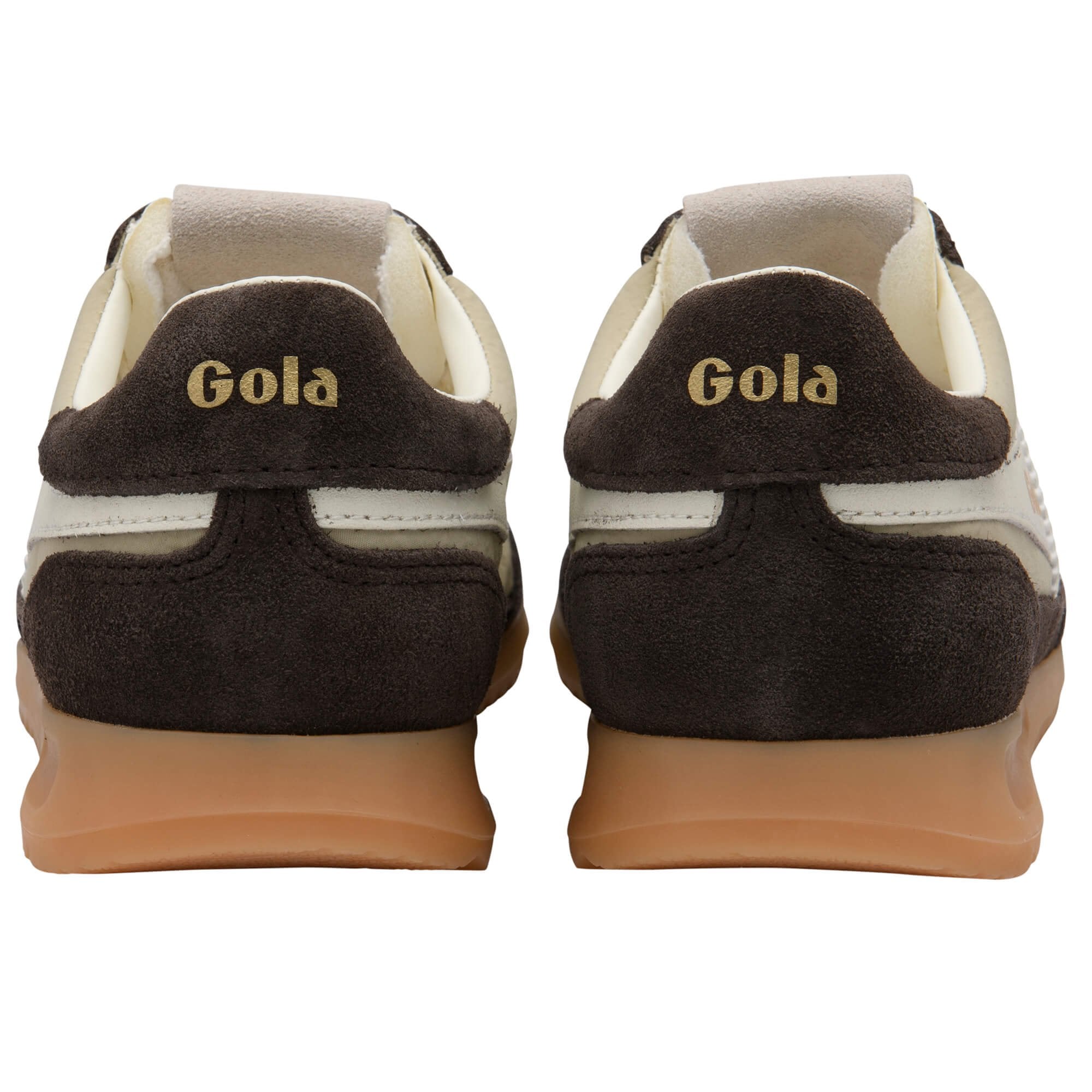 Pair of beige and brown Gola trainers shown from the back on a white background