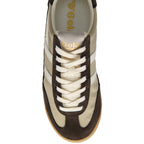 Brown and beige Gola trainer with white laces on a white background