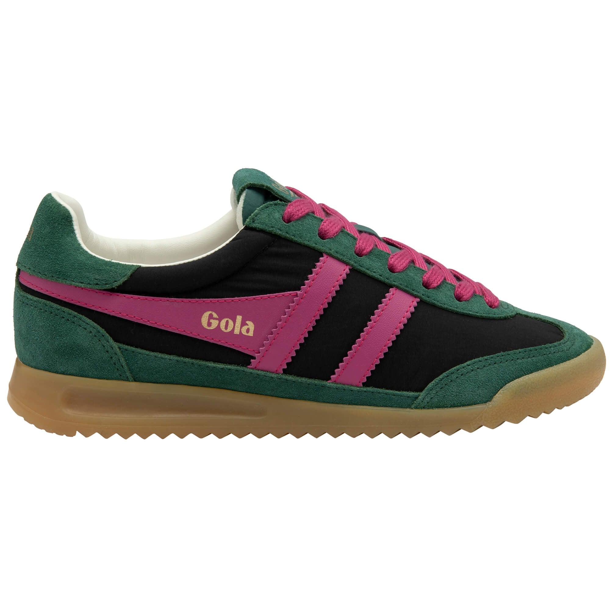 Green and black Gola trainer with pink accents on a white background
