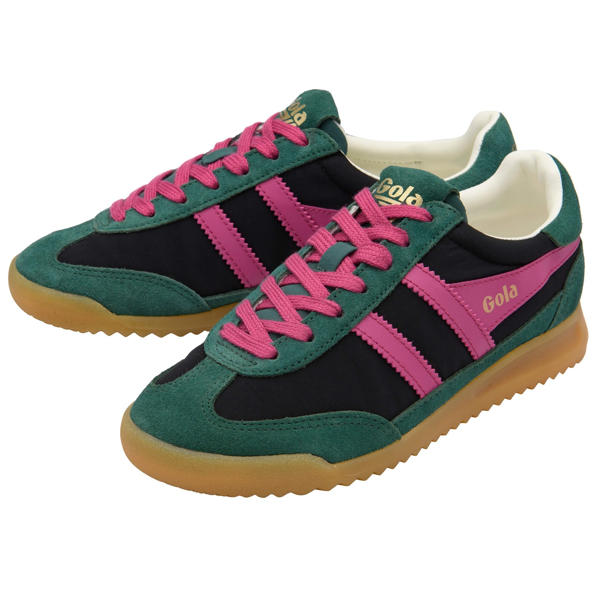 Pair of green and black Gola trainers with pink accents on a white background