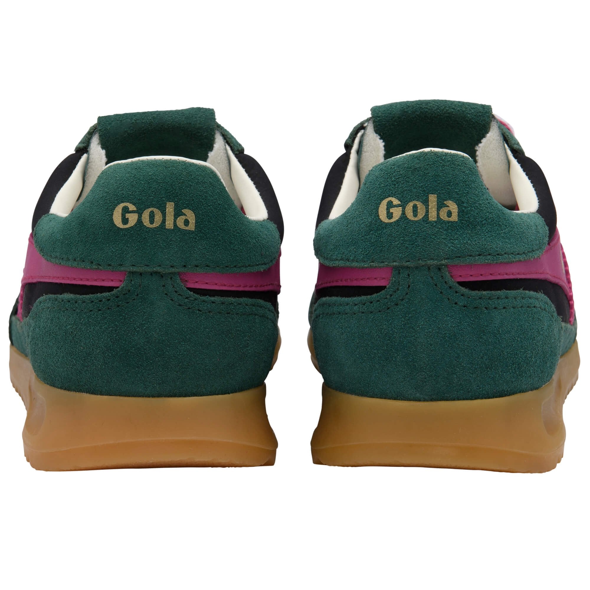 Green Gola trainers with pink accents and gum soles on a white background