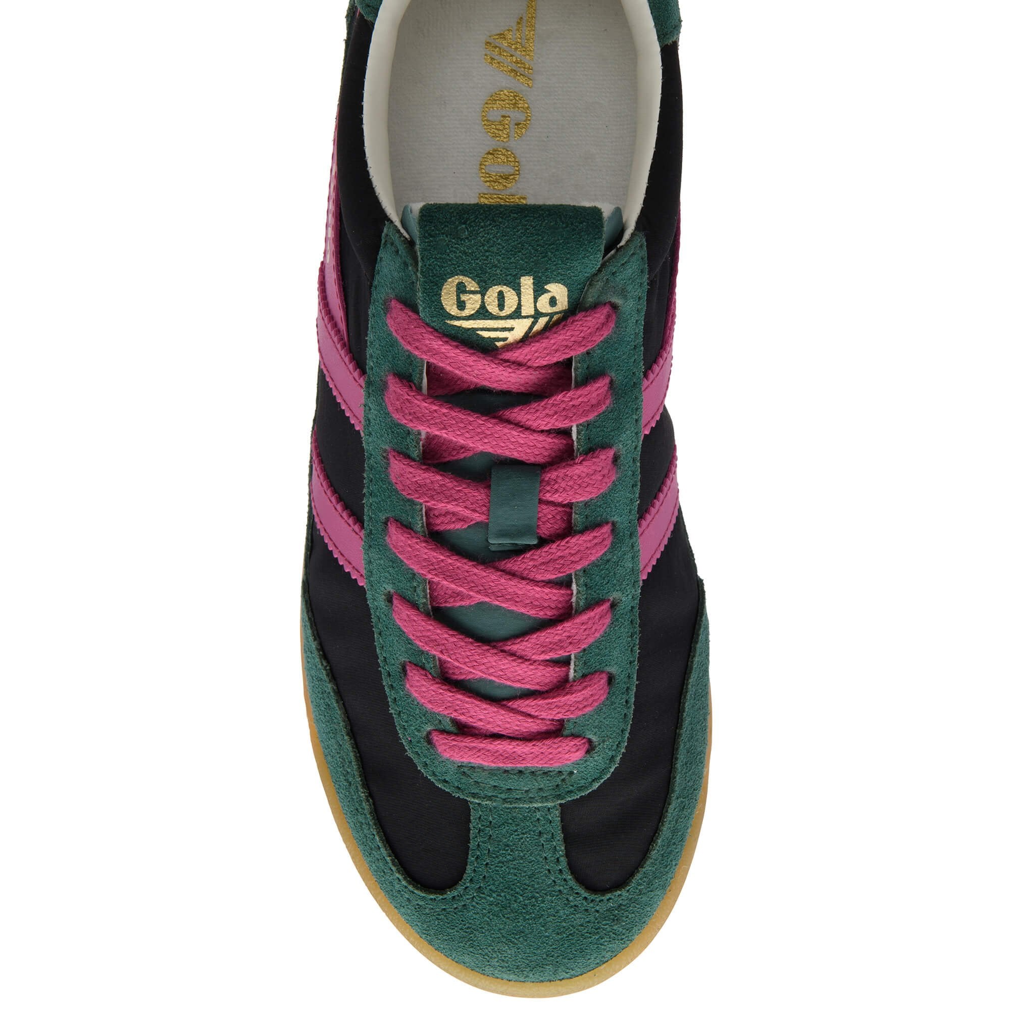 Green and black Gola trainer with pink laces on a white background