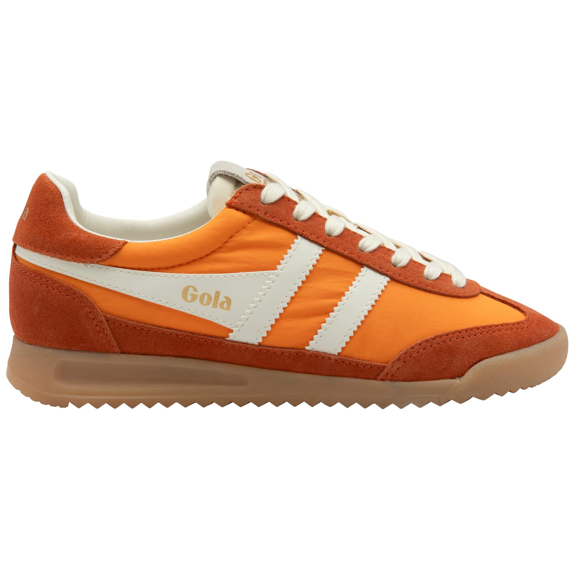 Orange Gola trainer with white stripes on a white background