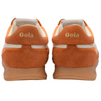 Orange Gola trainers with white accents shown from the back on a white background