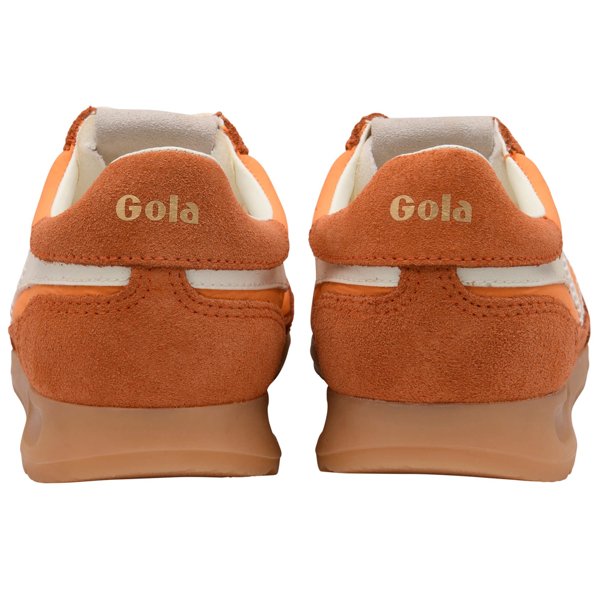 Orange Gola trainers with white accents shown from the back on a white background
