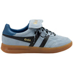 Light blue trainer with black accents and brown sole on a white background