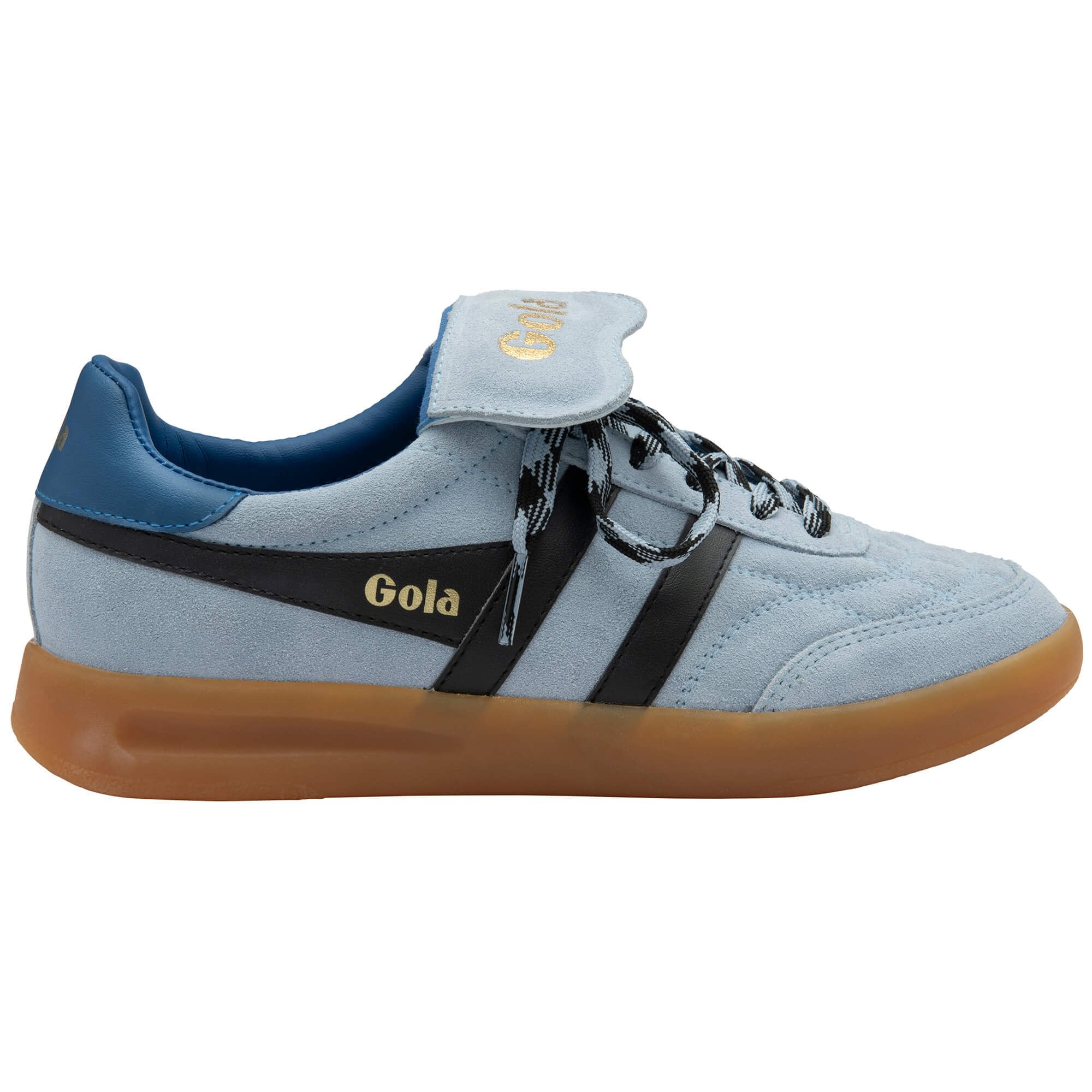 Light blue trainer with black accents and brown sole on a white background