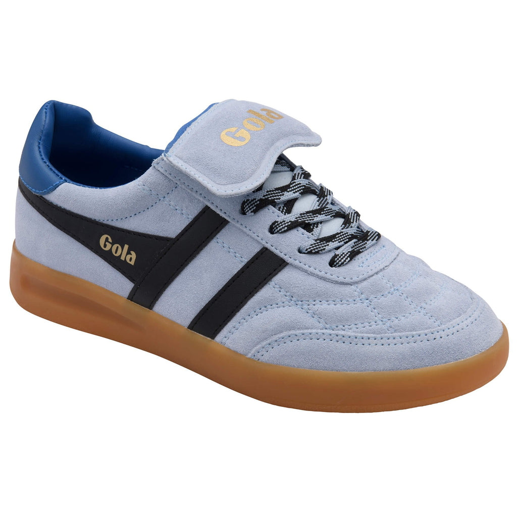 Light blue Gola trainer with black stripes and laces, blue heel trim, and a brown gum sole
