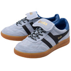 Pair of Gola trainers with black stripes and brown soles on a white background