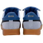 Rear view of two light blue Gola trainers with blue heel tabs and gum soles