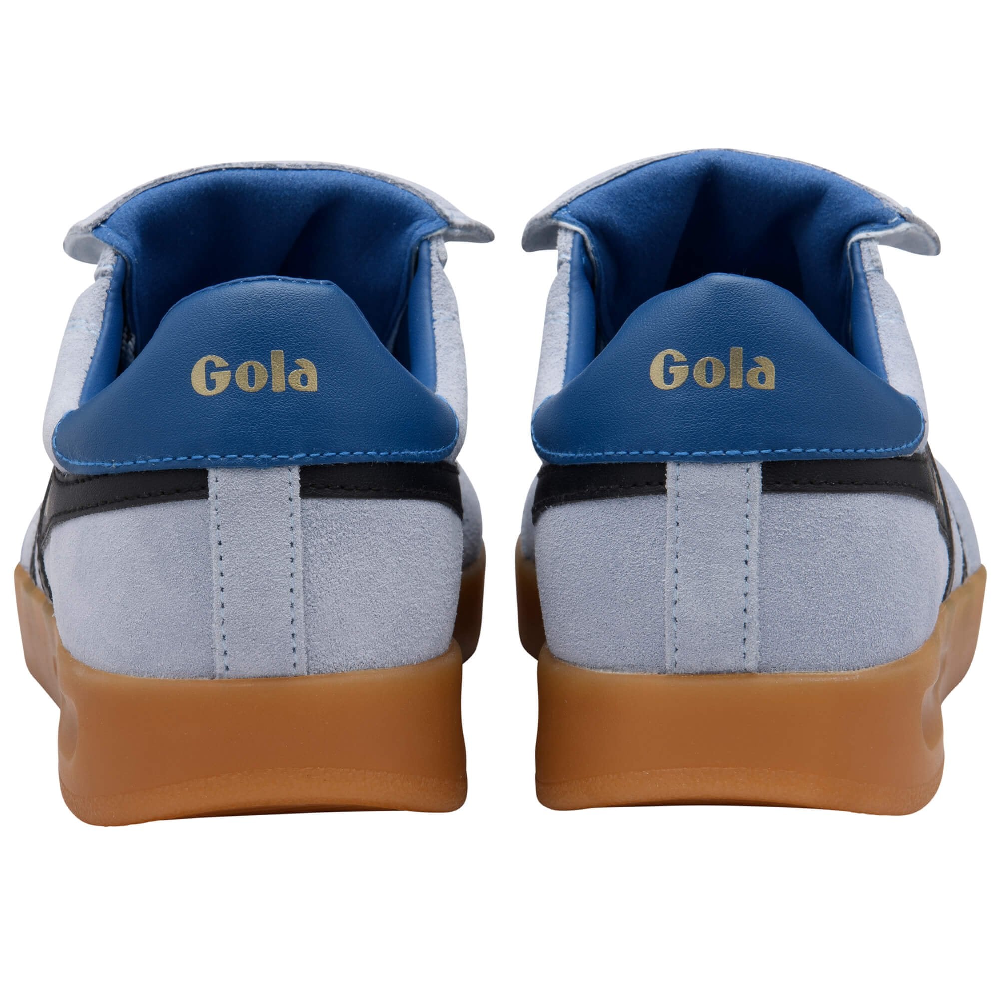 Rear view of two light blue Gola trainers with blue heel tabs and gum soles