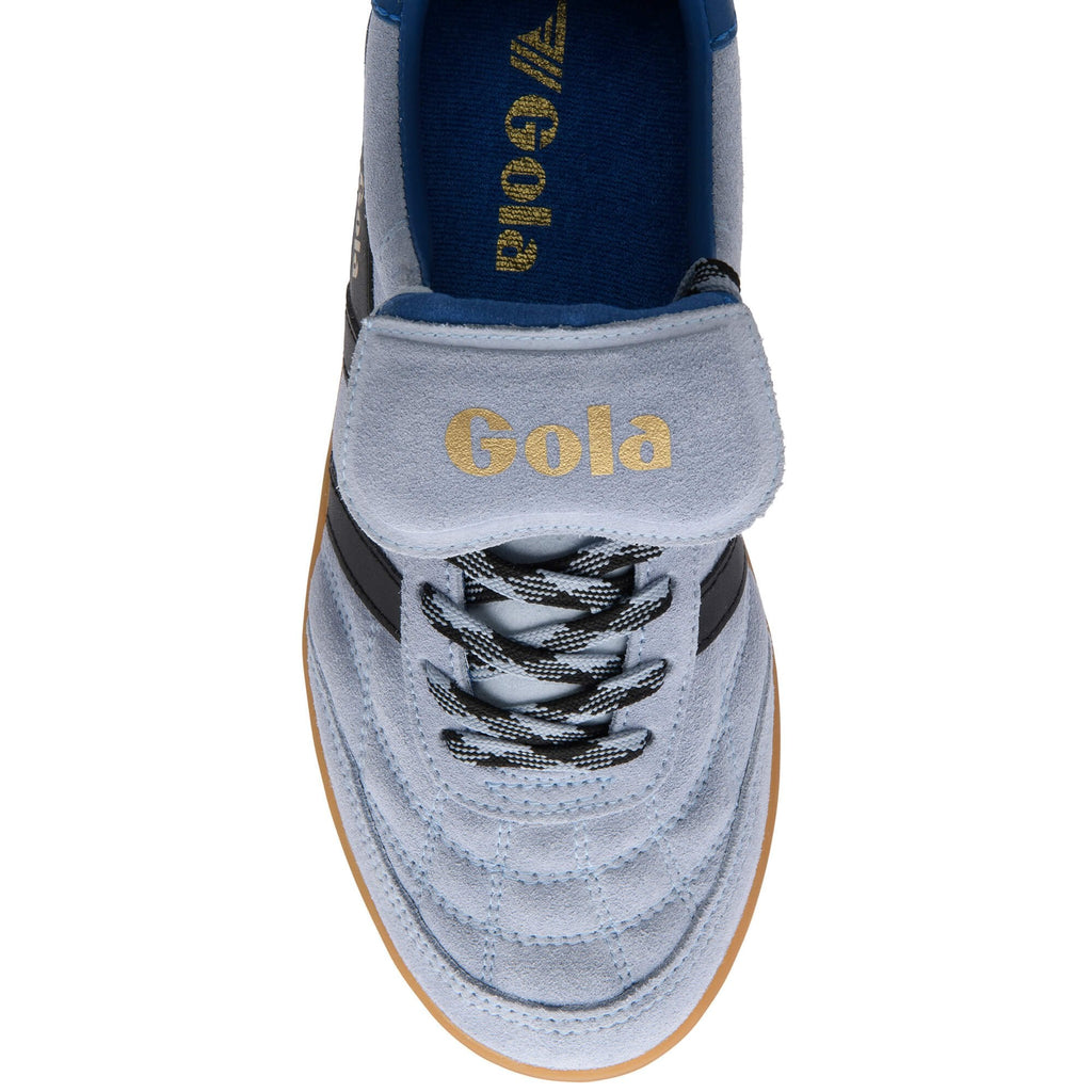 Grey Gola trainer with black laces and 'Gola' branding on a white background