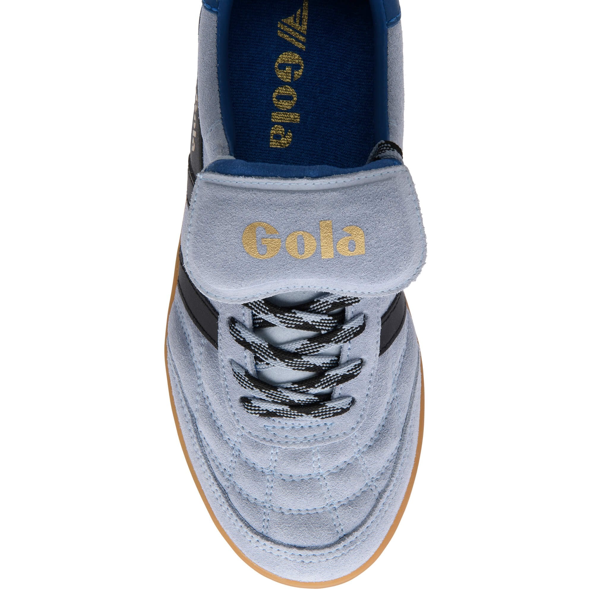 Grey Gola trainer with black laces and 'Gola' branding on a white background