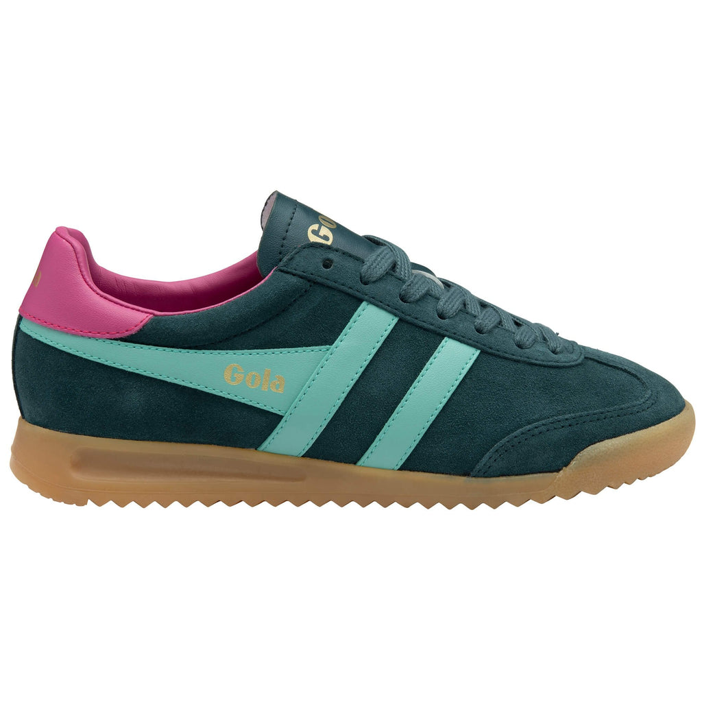 Teal and pink Gola trainer with blue stripes on a white background