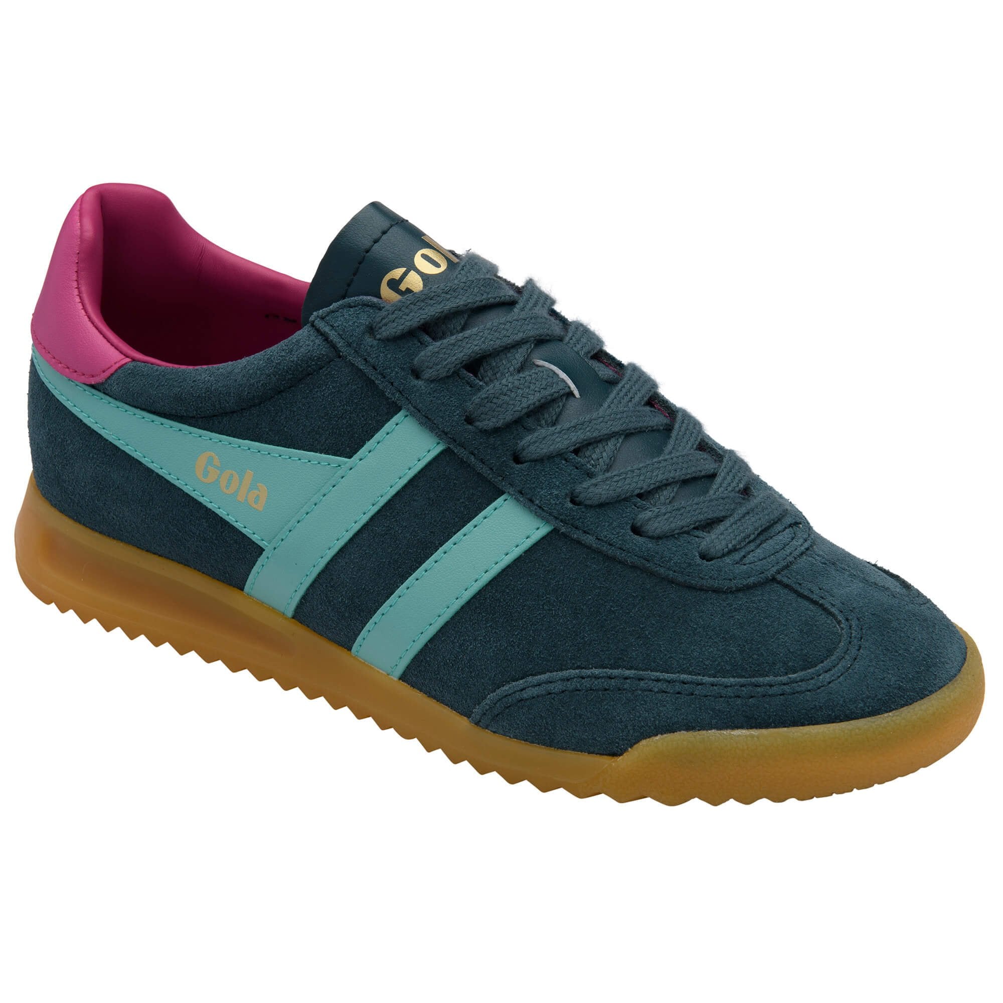 Gola Harrier suede trainer in deep teal with aqua stripes and pink heel tab