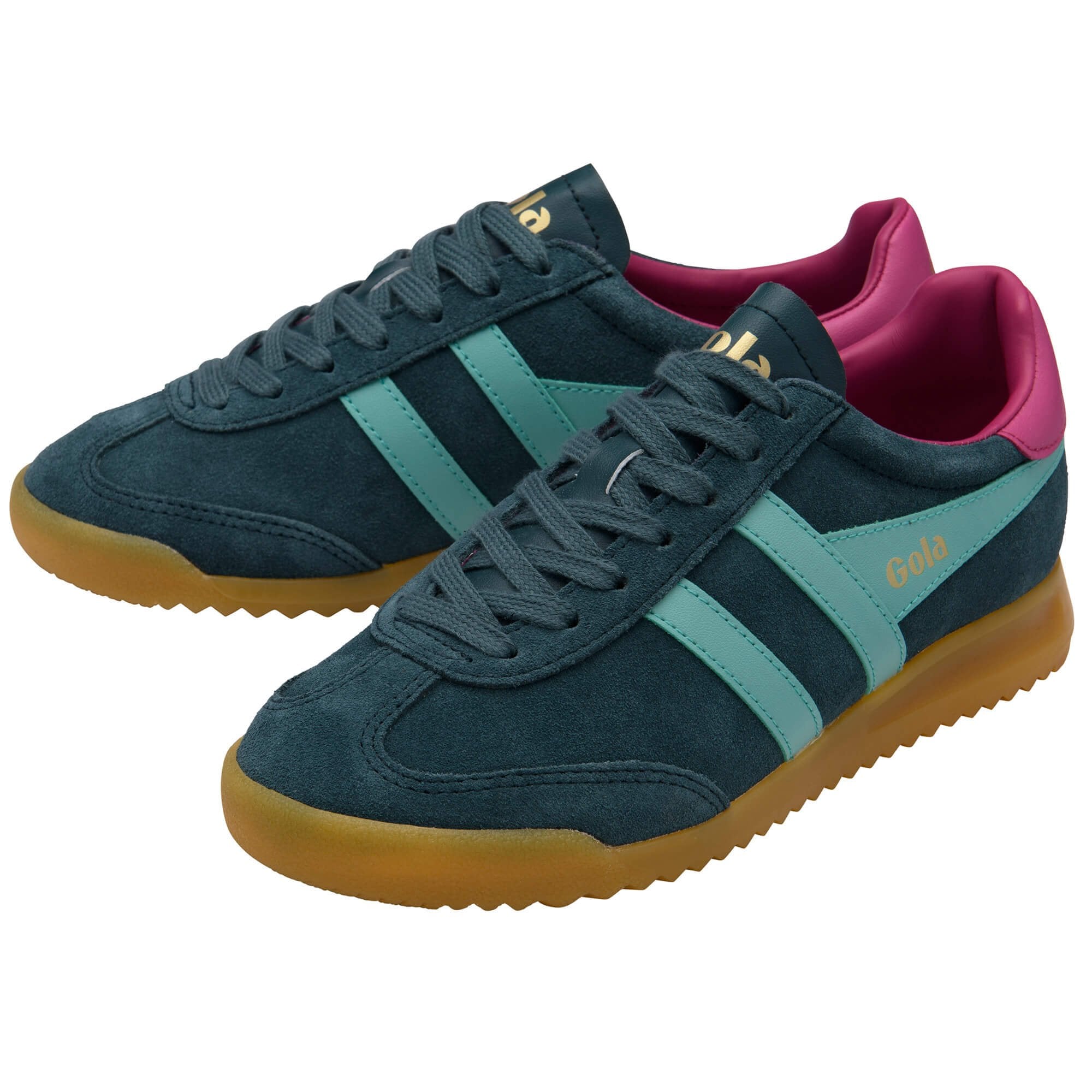 Pair of Gola Harrier suede trainers in teal with light blue stripes and pink lining