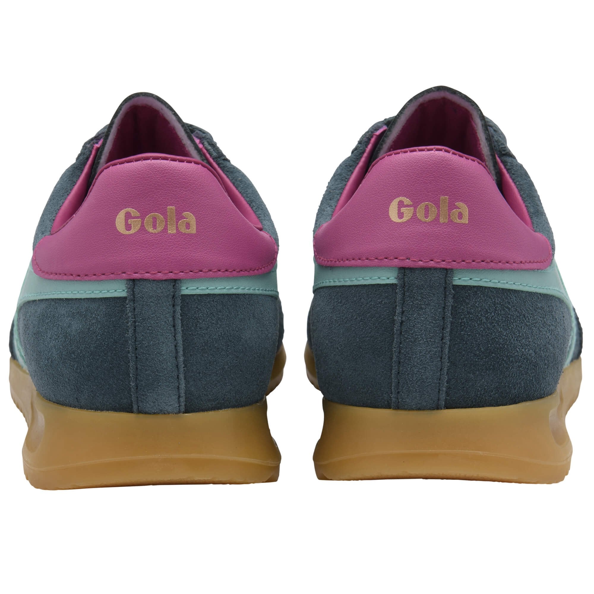 Pair of blue Gola trainers with pink accents on a white background