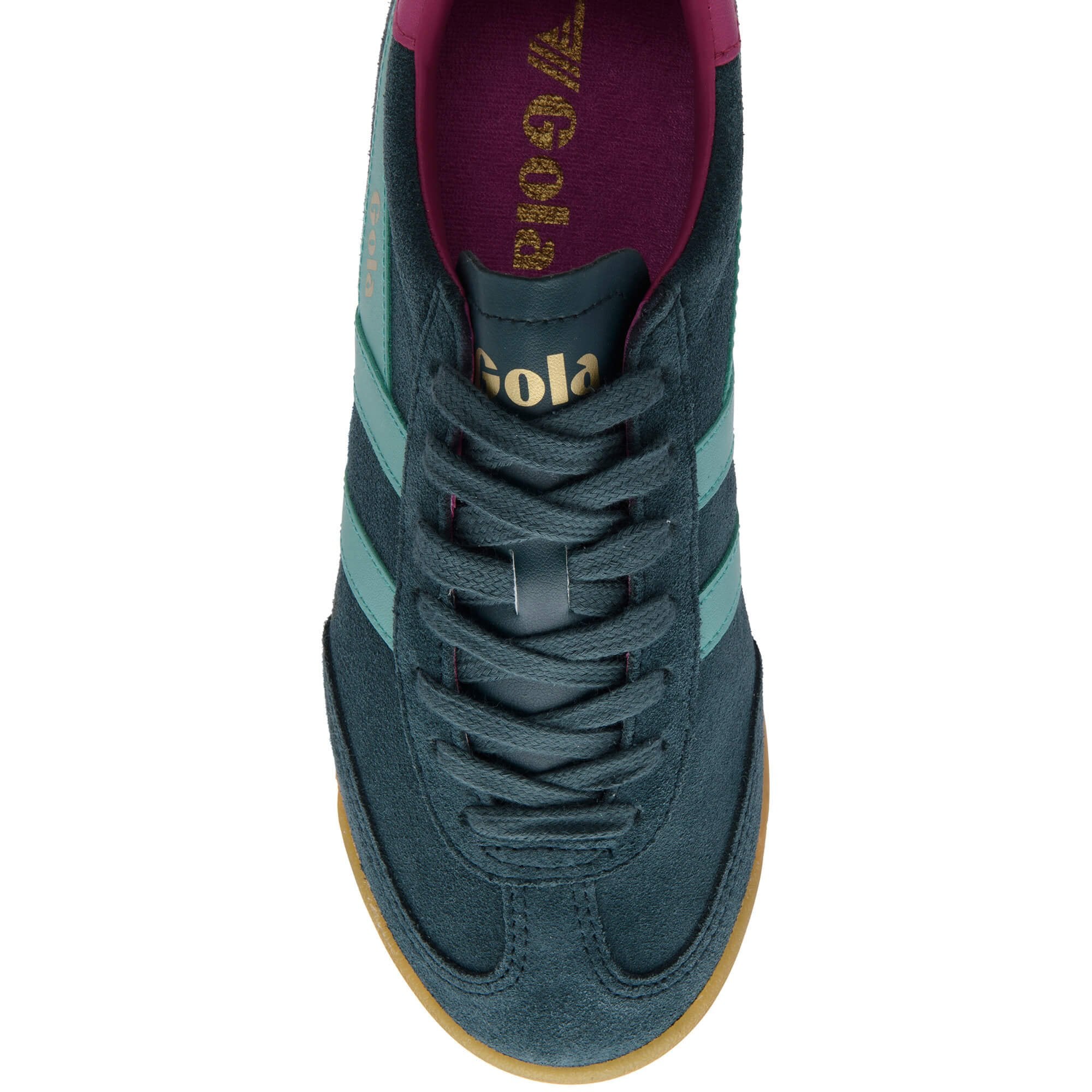 Blue Gola trainer with green stripes on a white background
