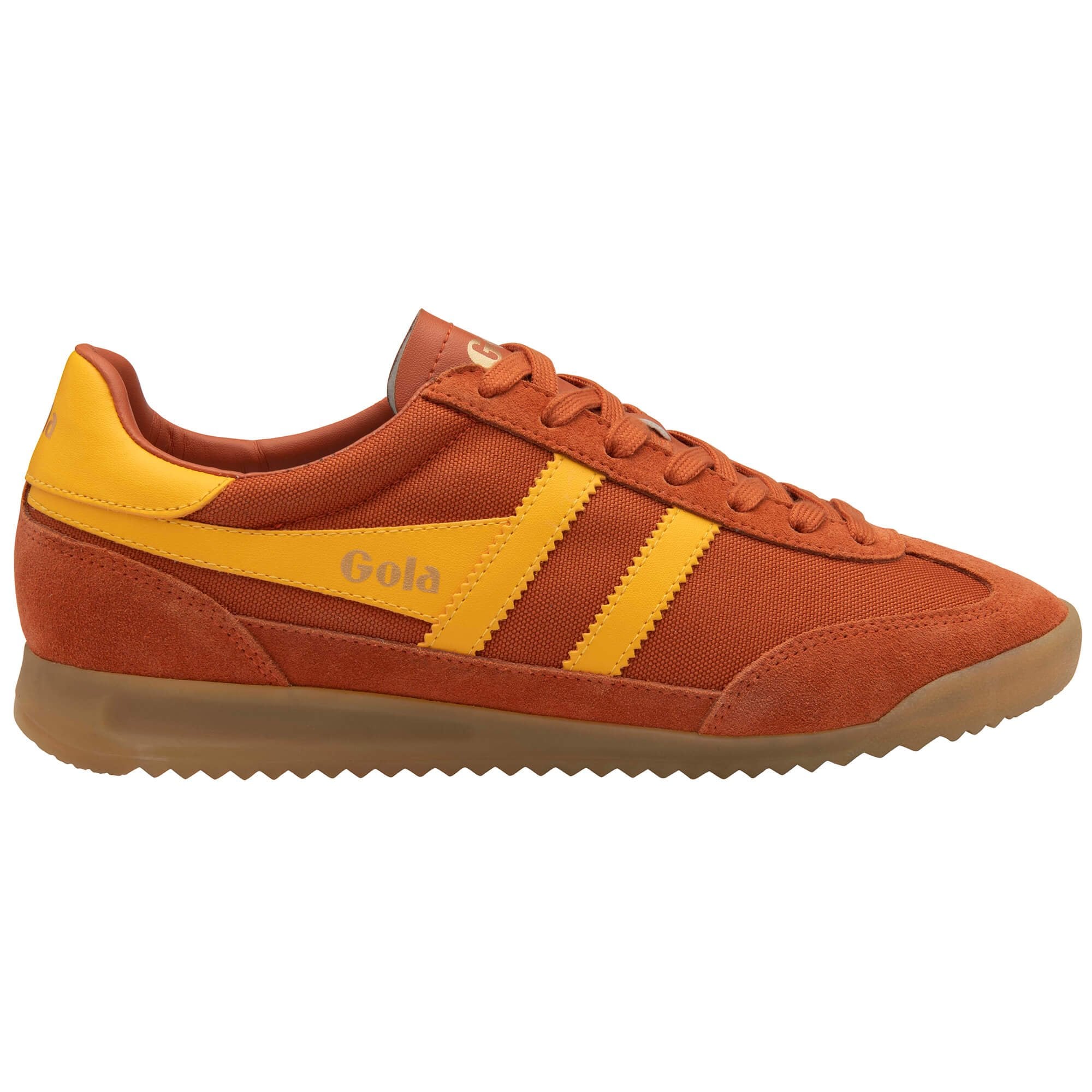 Orange and yellow trainer with 'Gola' branding on a white background