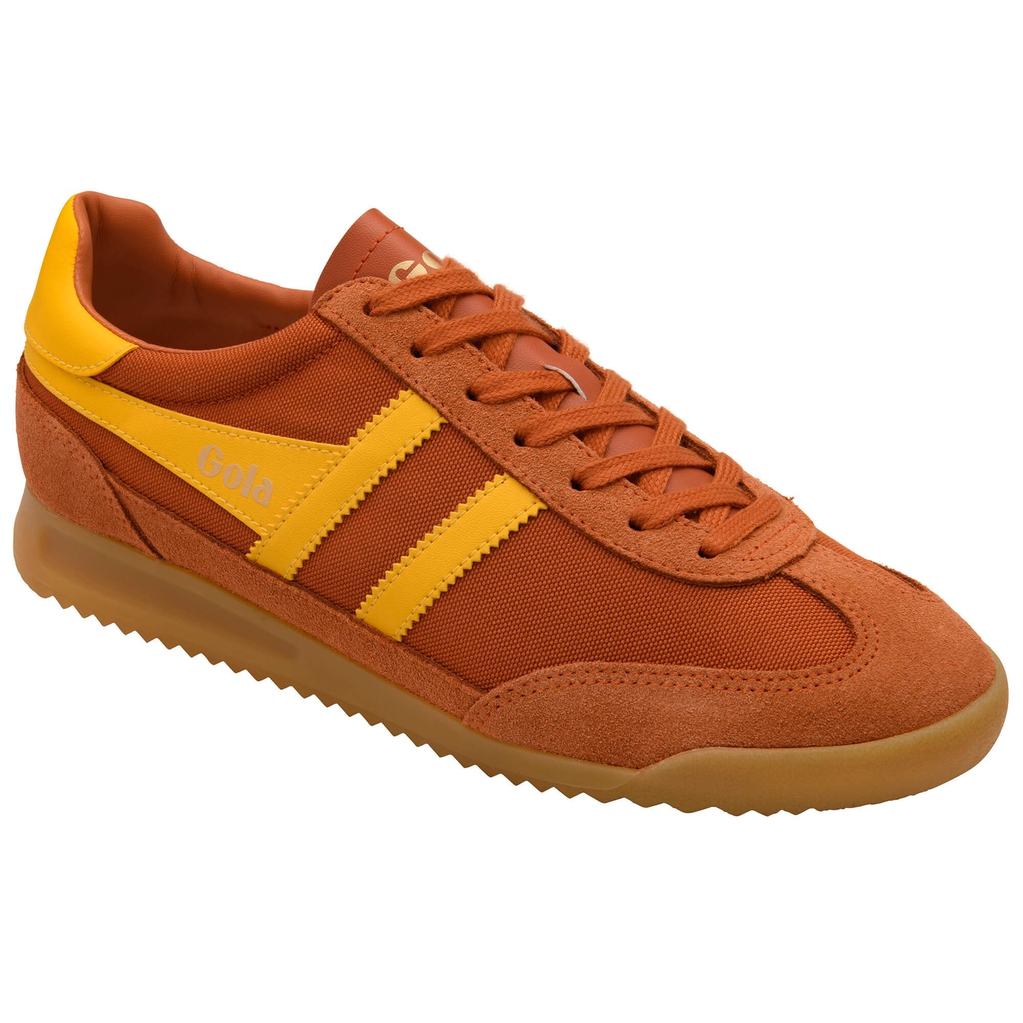 Orange trainer with yellow stripes on a white background