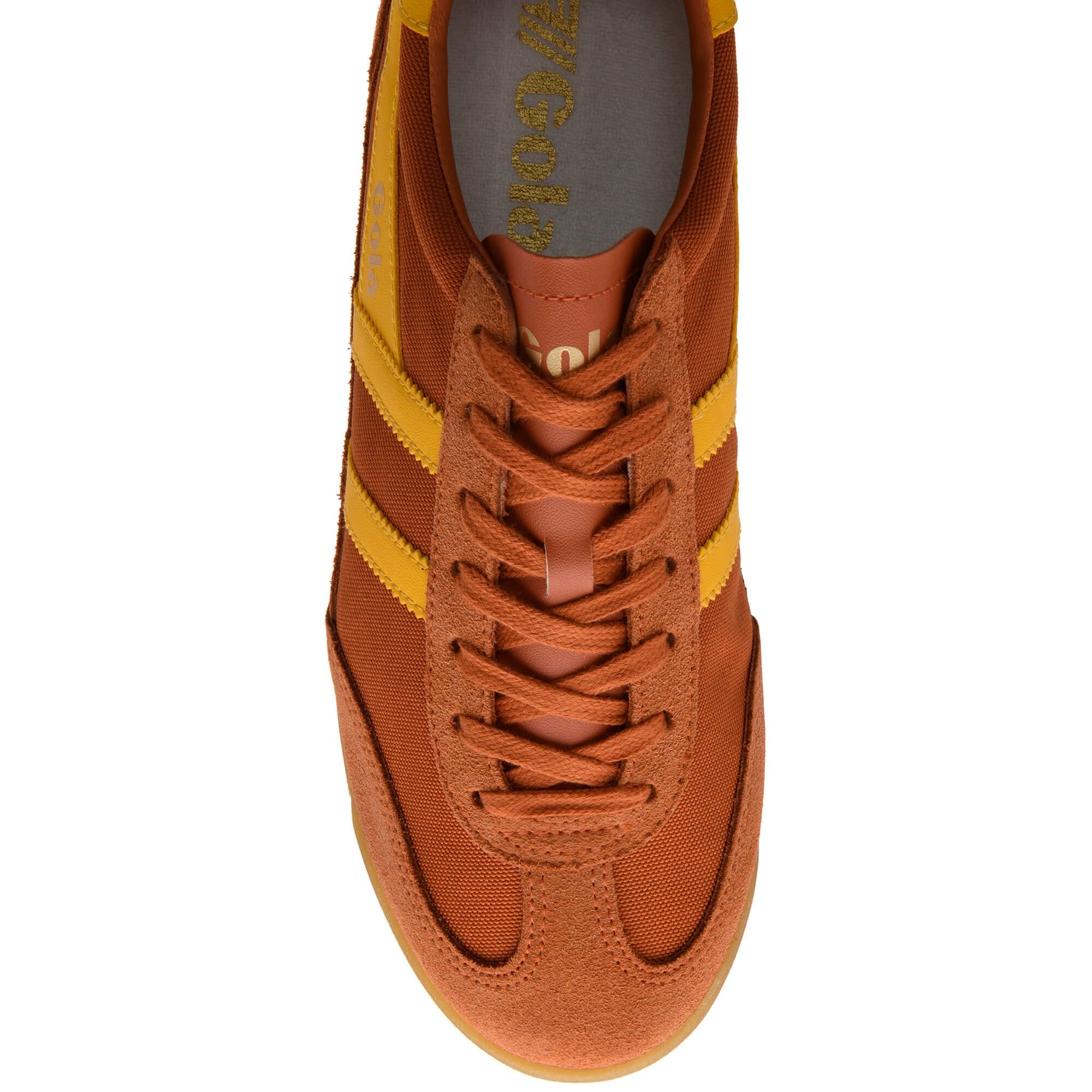 Orange trainer with yellow stripes on a white background