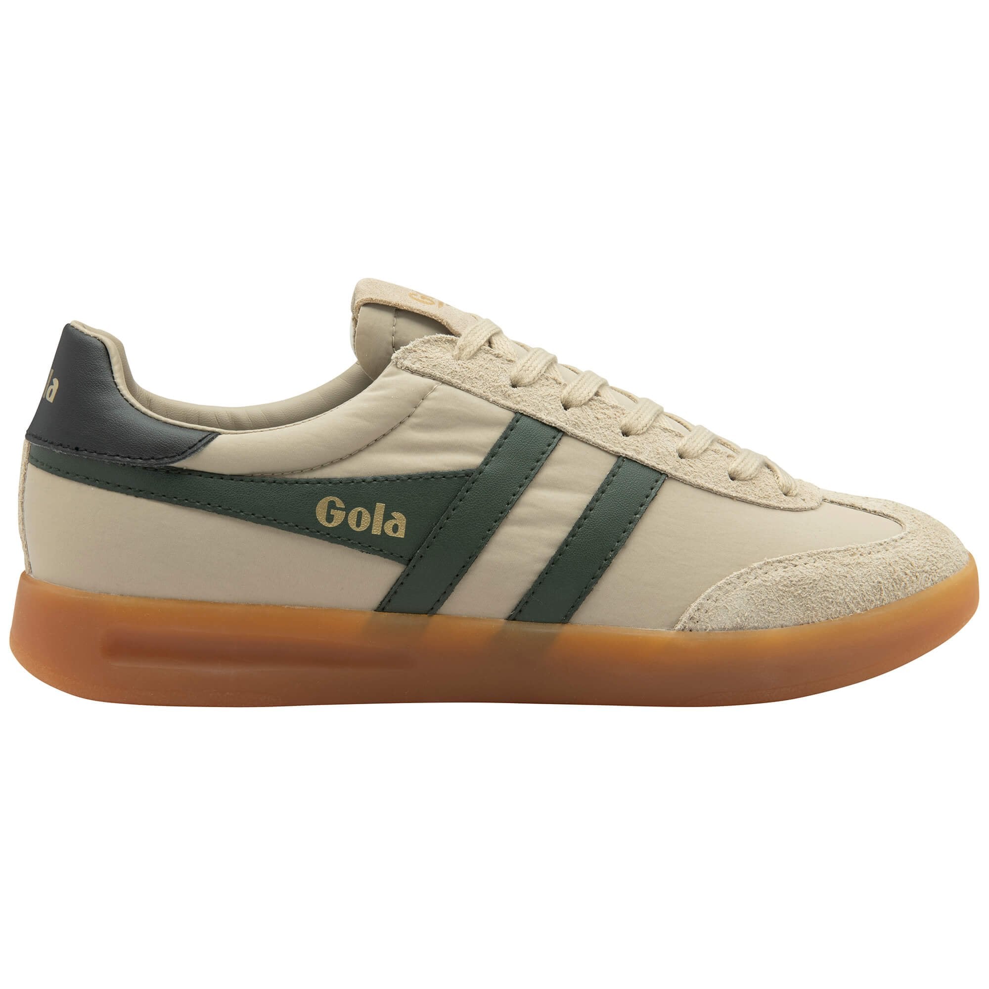 Gola Classics women's Elan sneakers in off-white with green stripes and a gum sole