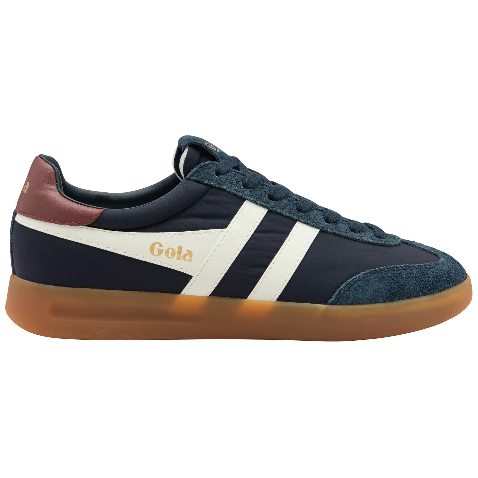 Navy blue trainer with white stripes and brown accents on a white background