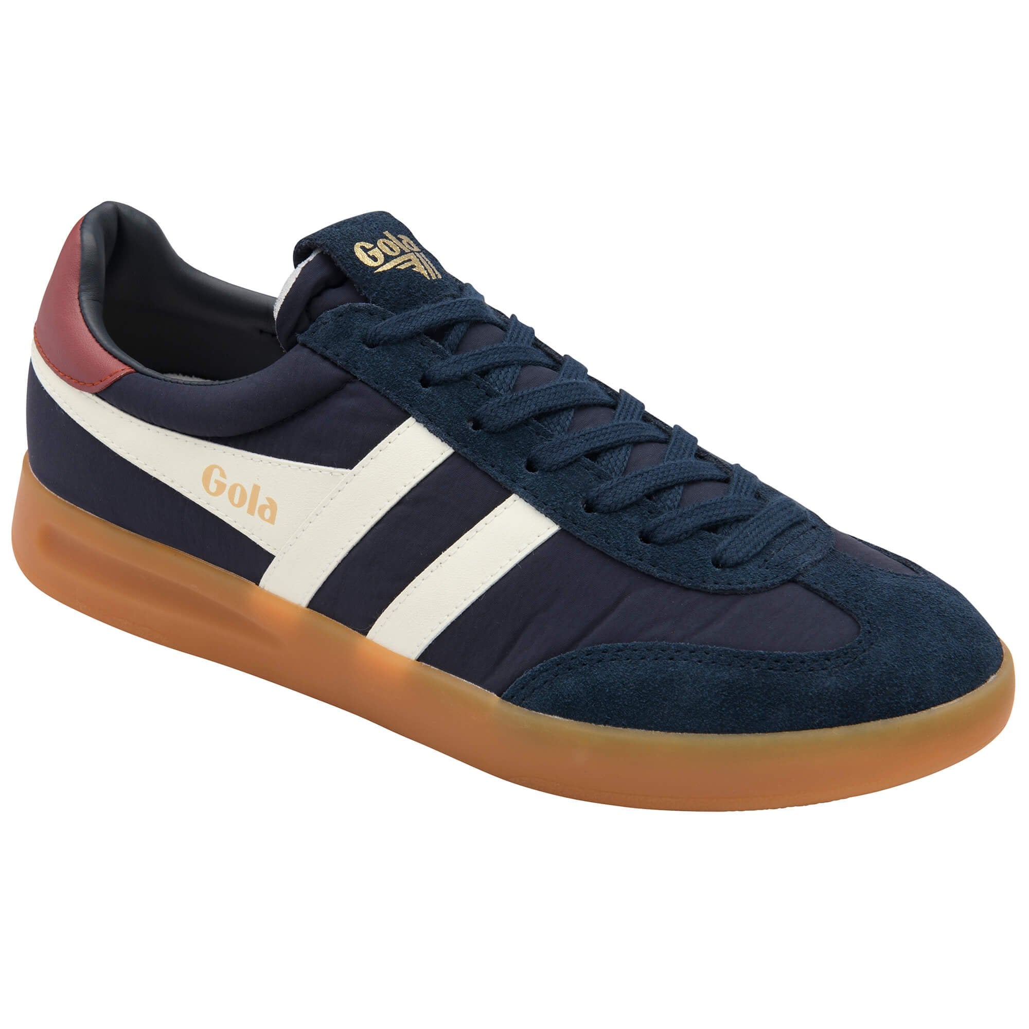 Navy blue trainer with white stripe and brown sole on a white background
