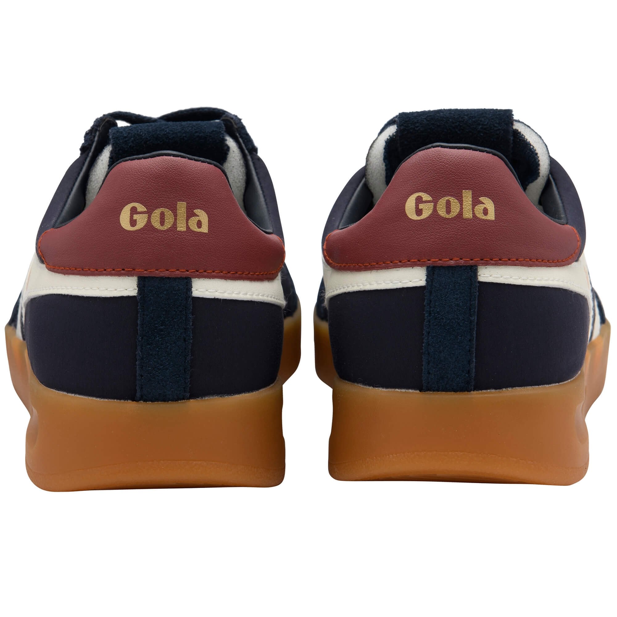 Back view of Gola trainers with brown soles on a white background