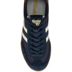 Navy blue Gola trainer with white stripes on a white background