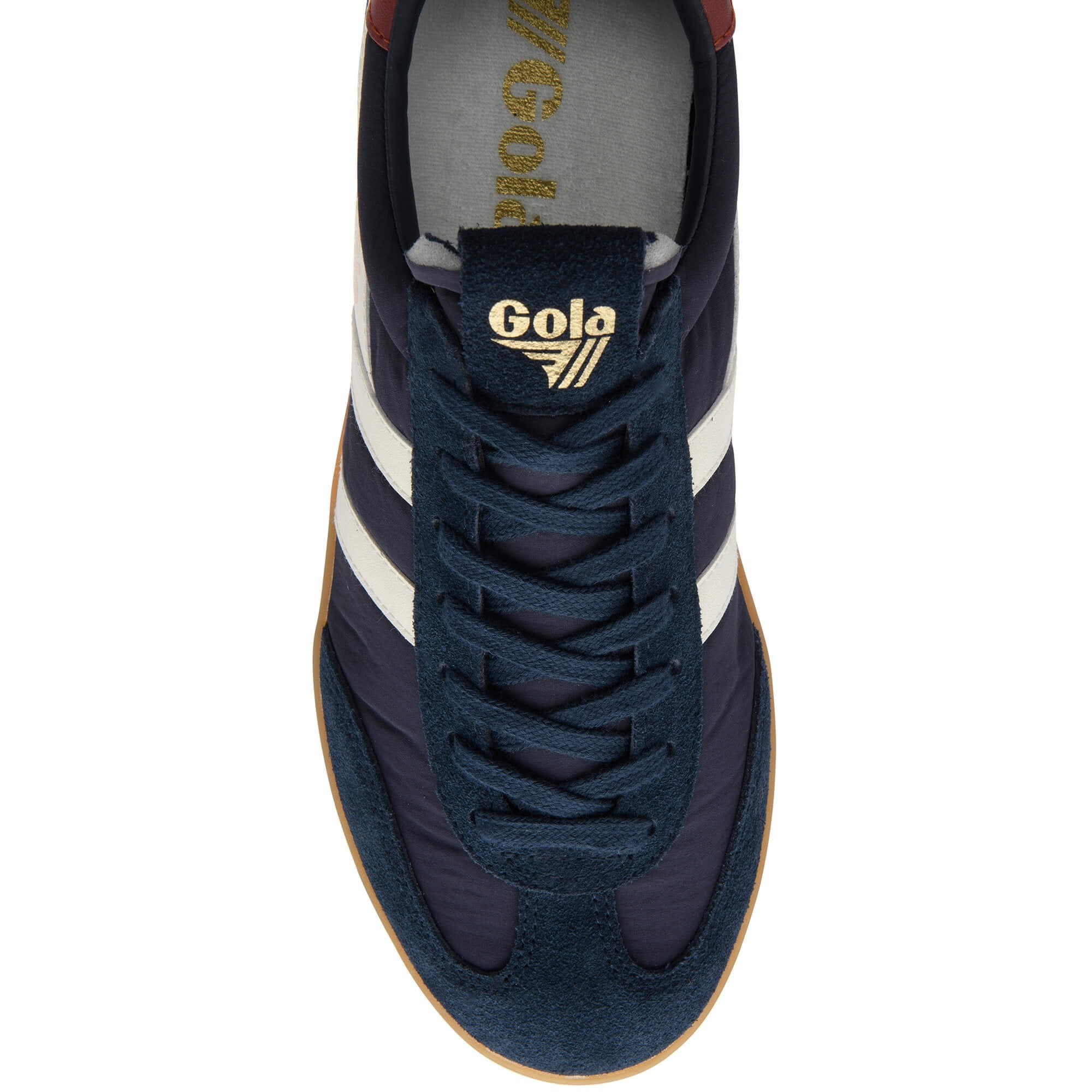 Navy blue Gola trainer with white stripes on a white background