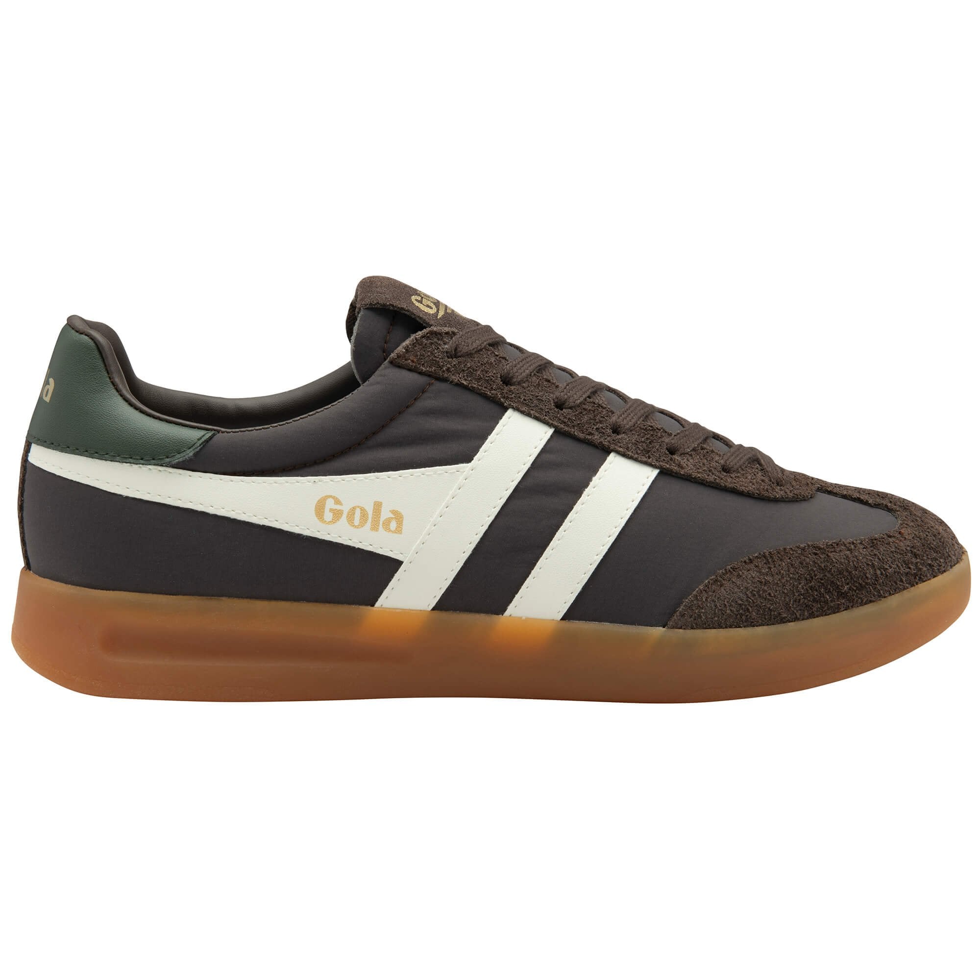Trainer with brown and black design on a white background