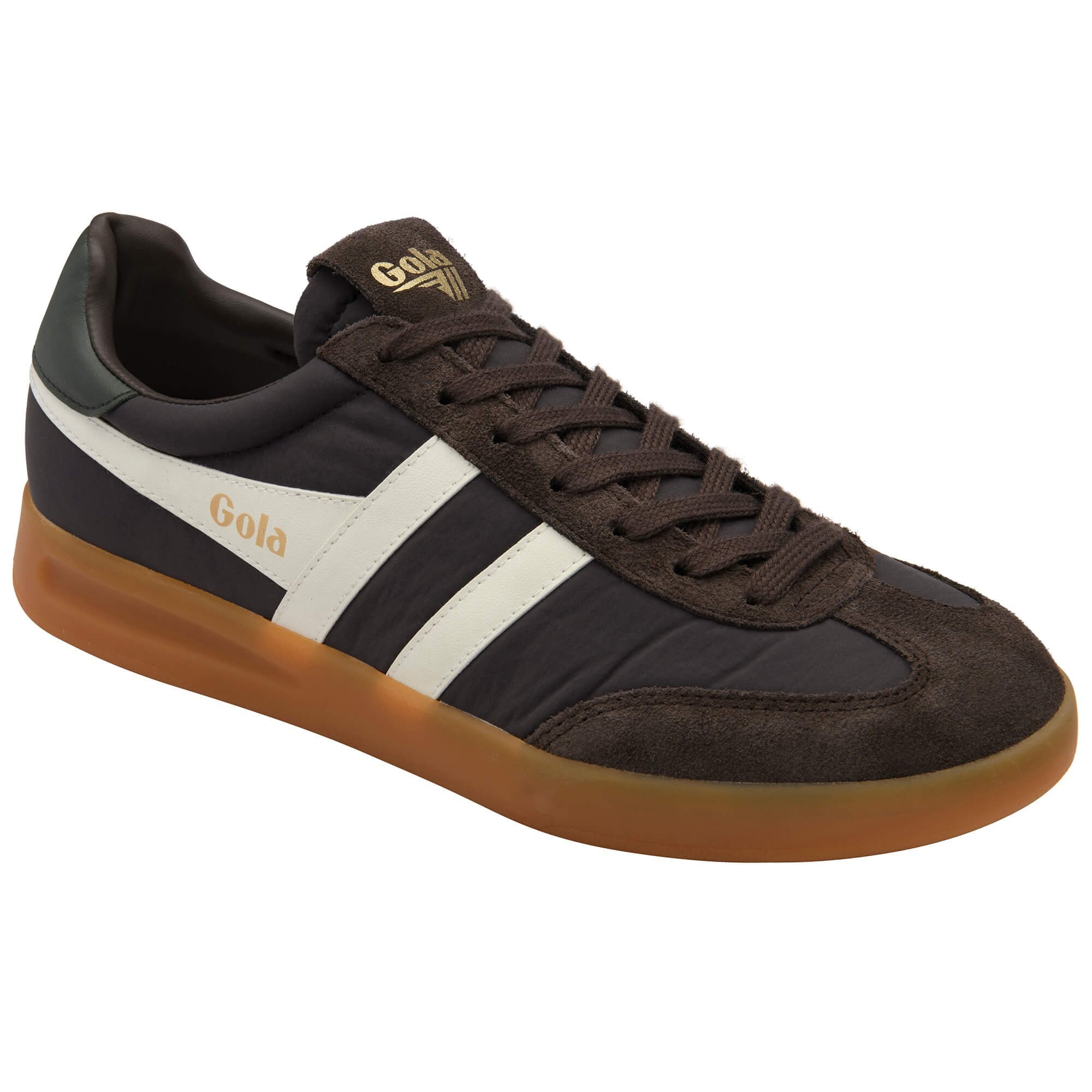 Brown and black trainer with white stripe and brown sole on a white background
