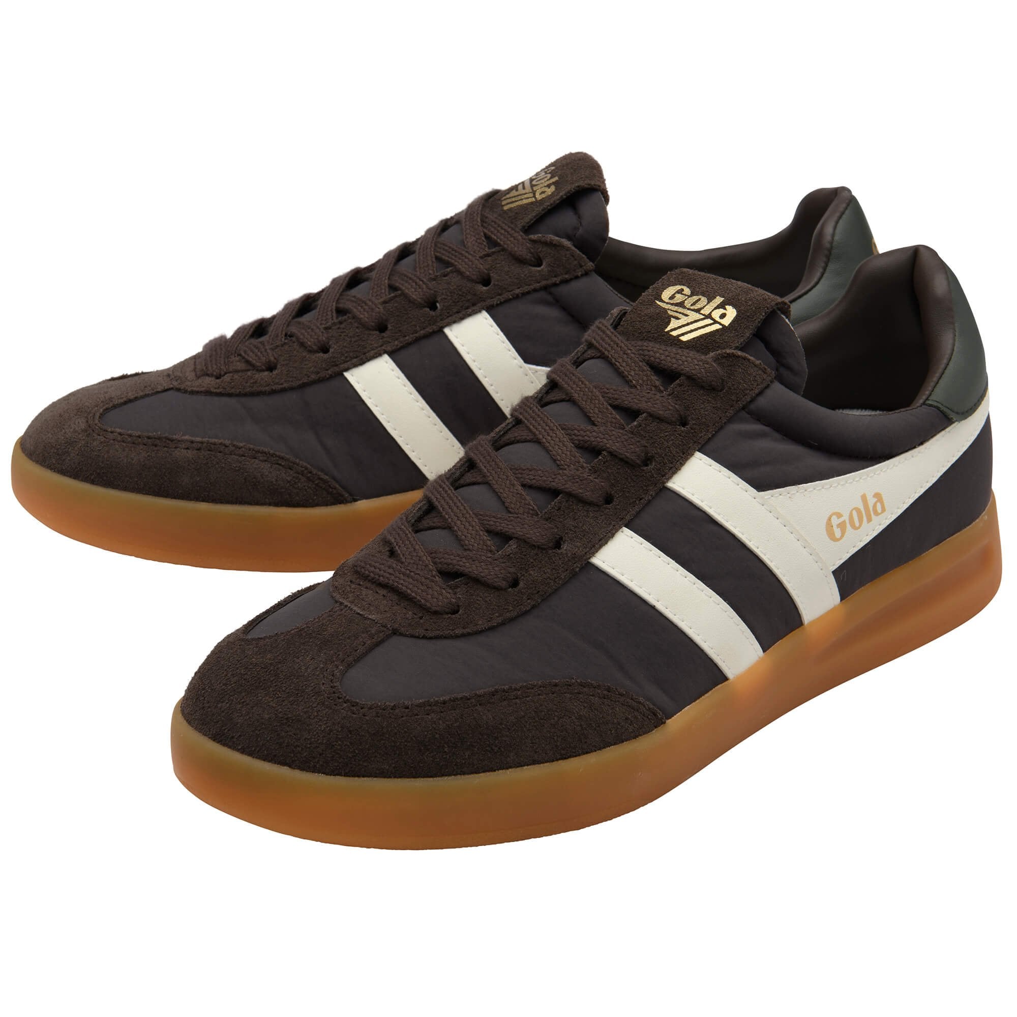 Brown and black trainers with white stripes on a white background