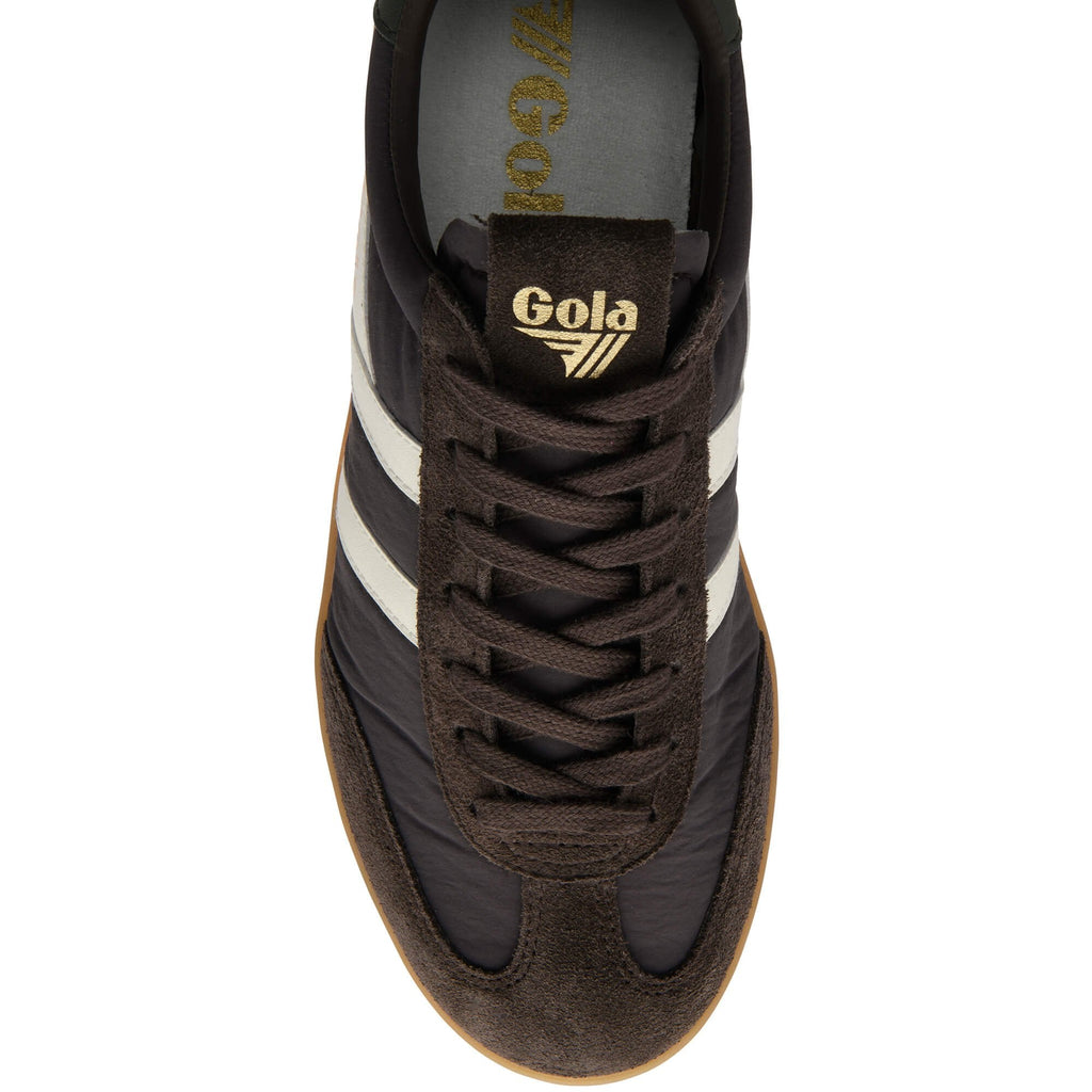 Brown Gola trainer with white stripes and a gum sole