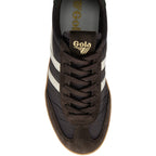 Brown Gola trainer with white stripes and a gum sole