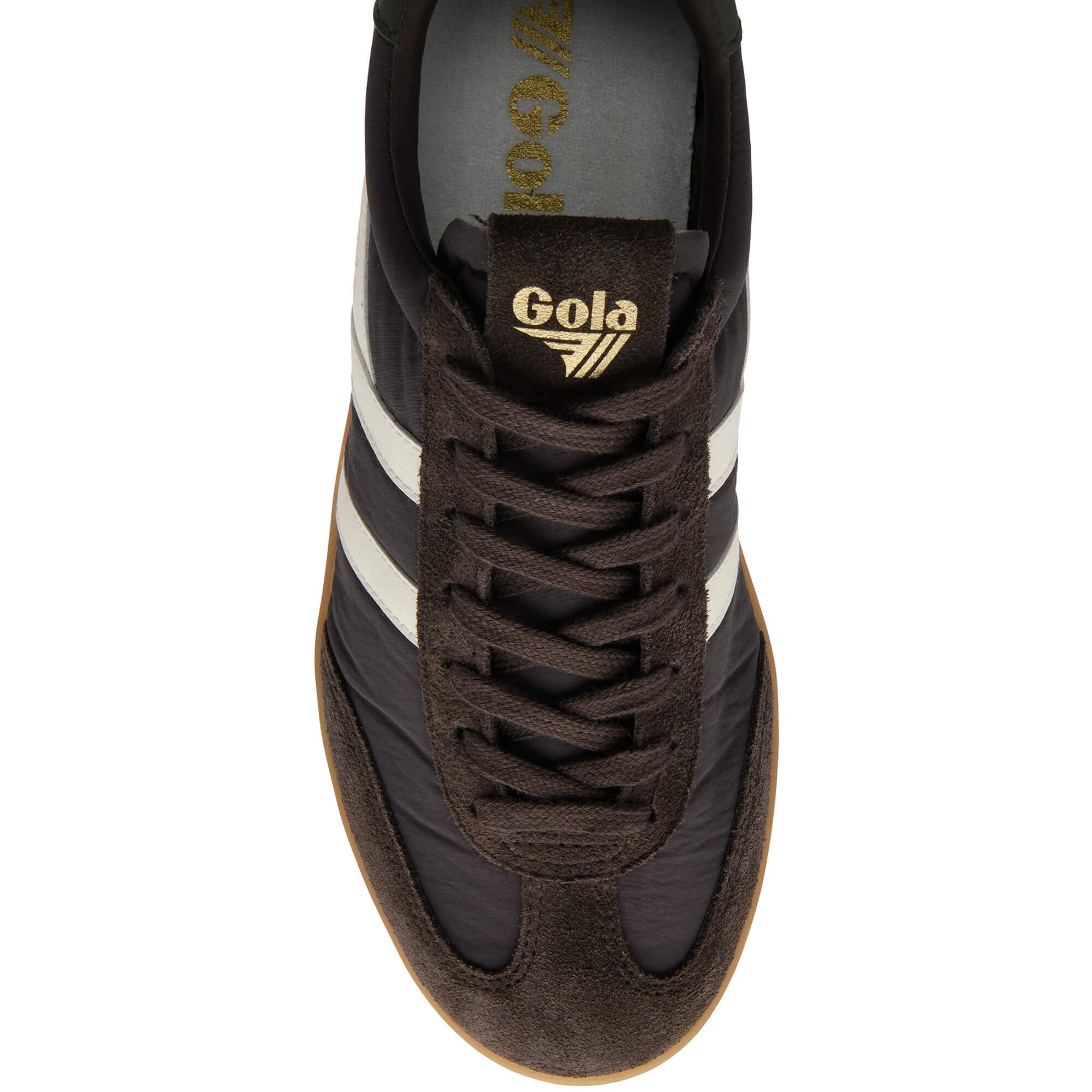 Brown Gola trainer with white stripes and a gum sole