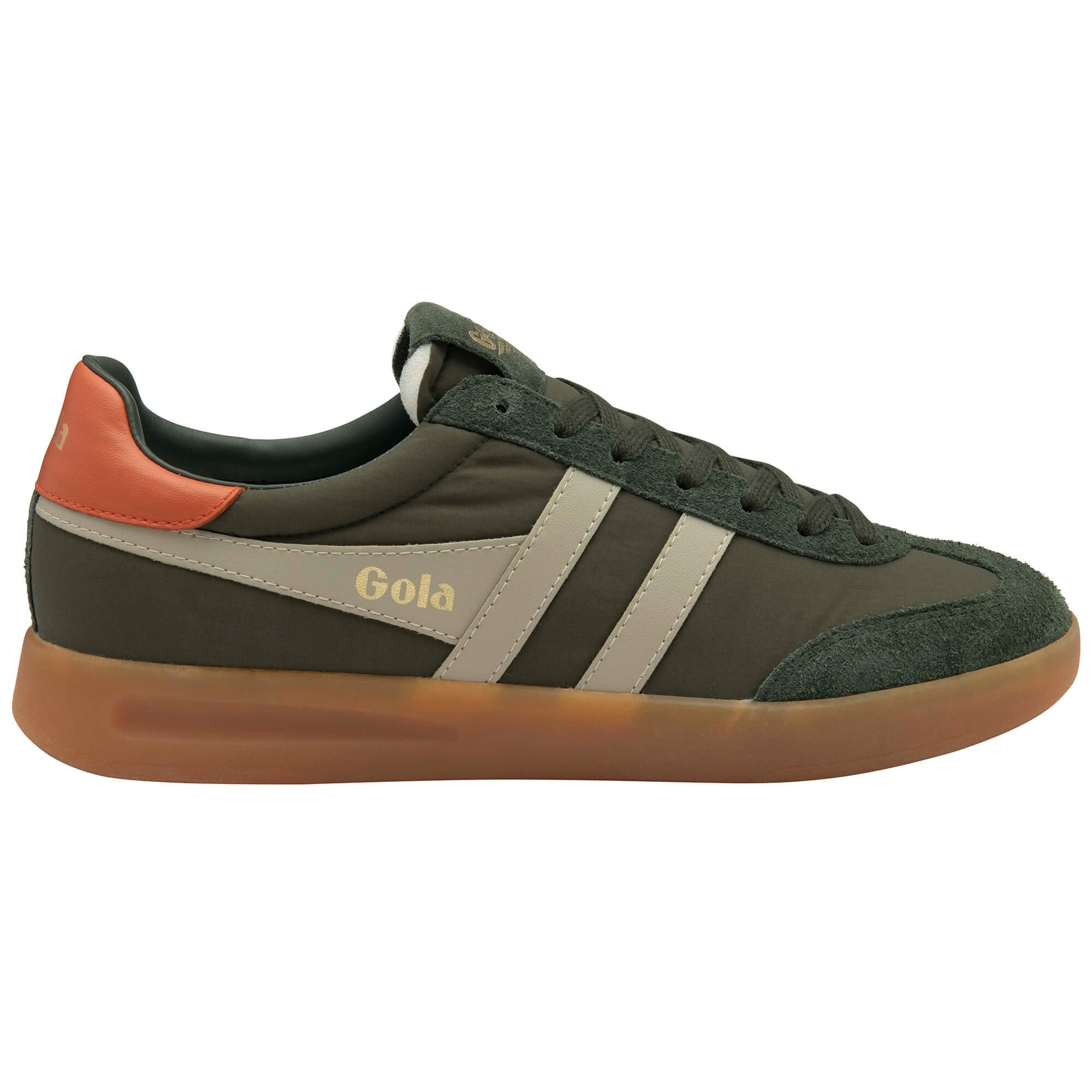 Green trainer with brown sole on a white background