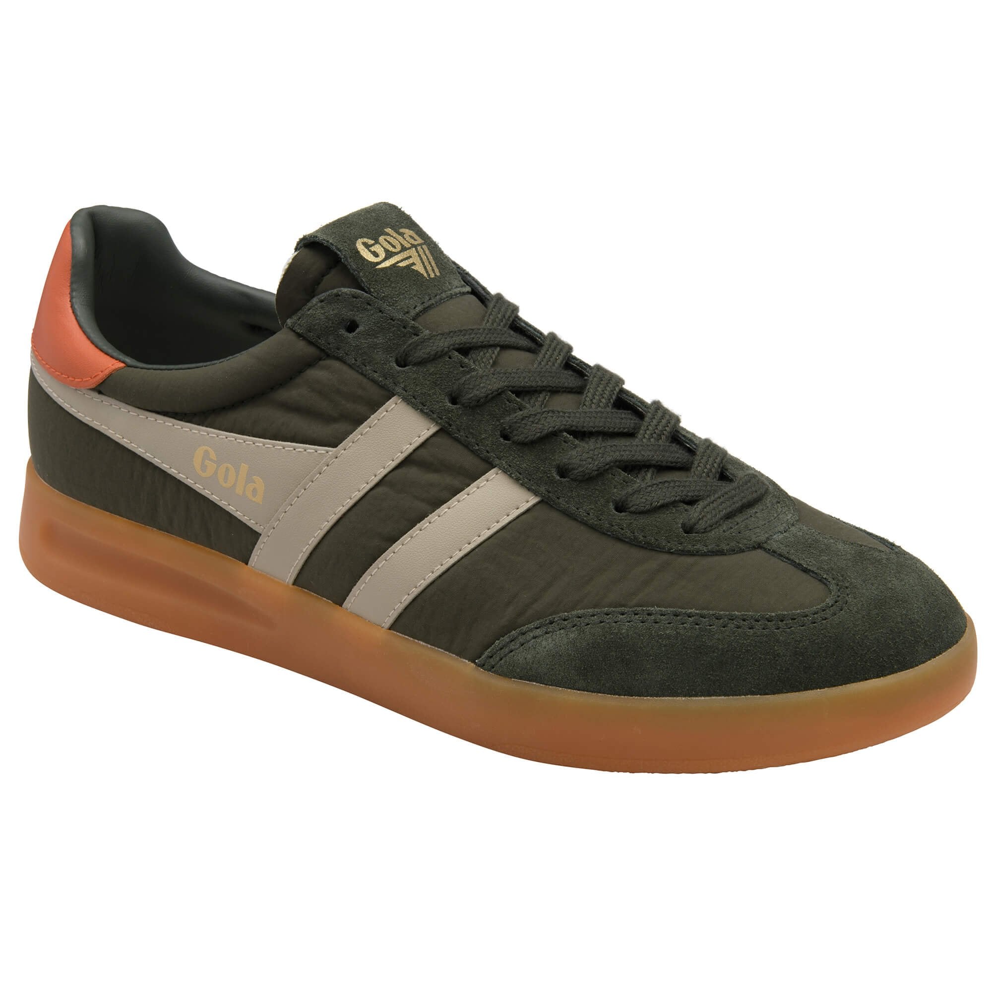 Green trainer with brown sole on a white background