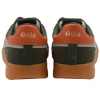 Back view of Gola trainers with brown soles and orange Gola logo on a white background