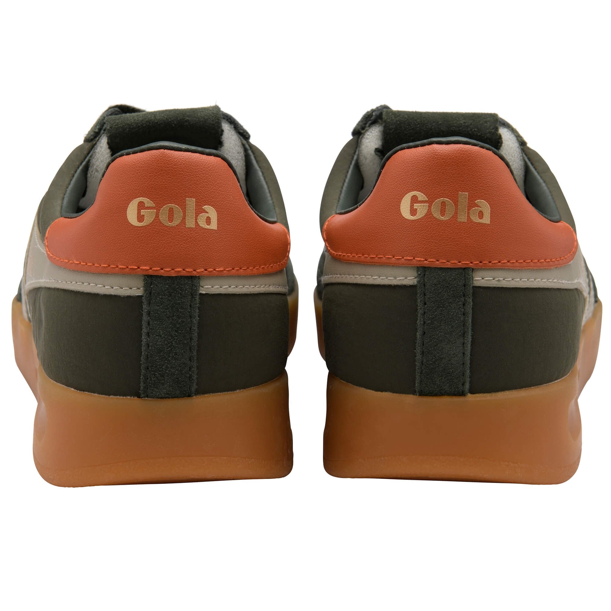 Back view of Gola trainers with brown soles and orange Gola logo on a white background