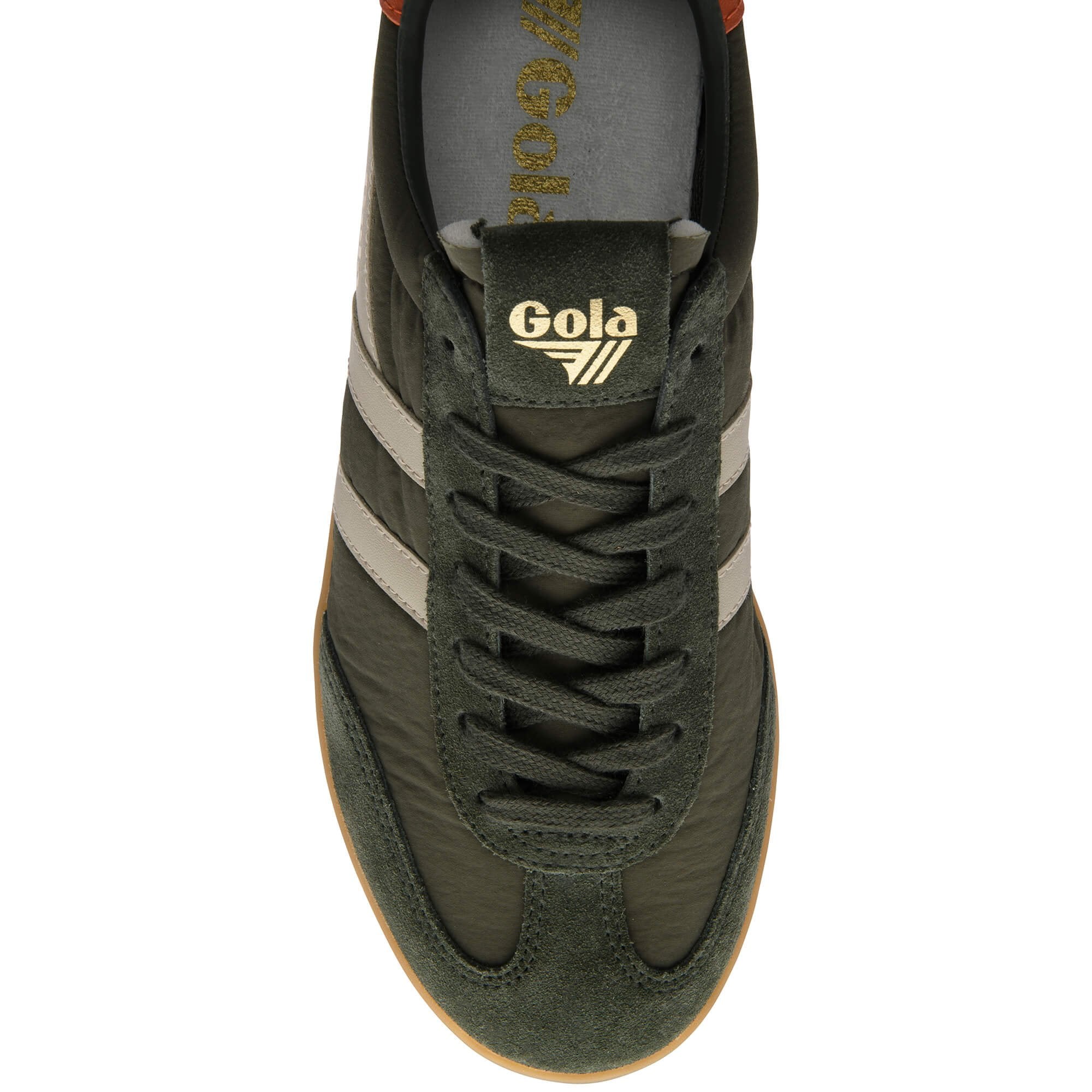 Green Gola trainer with white stripes on a white background