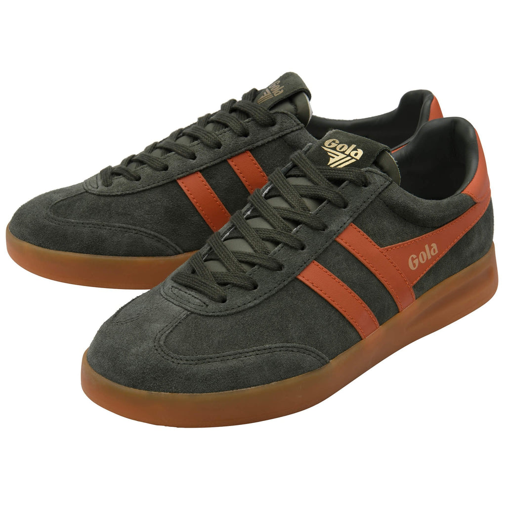 Green and orange trainers with 'Gola' branding on a white background