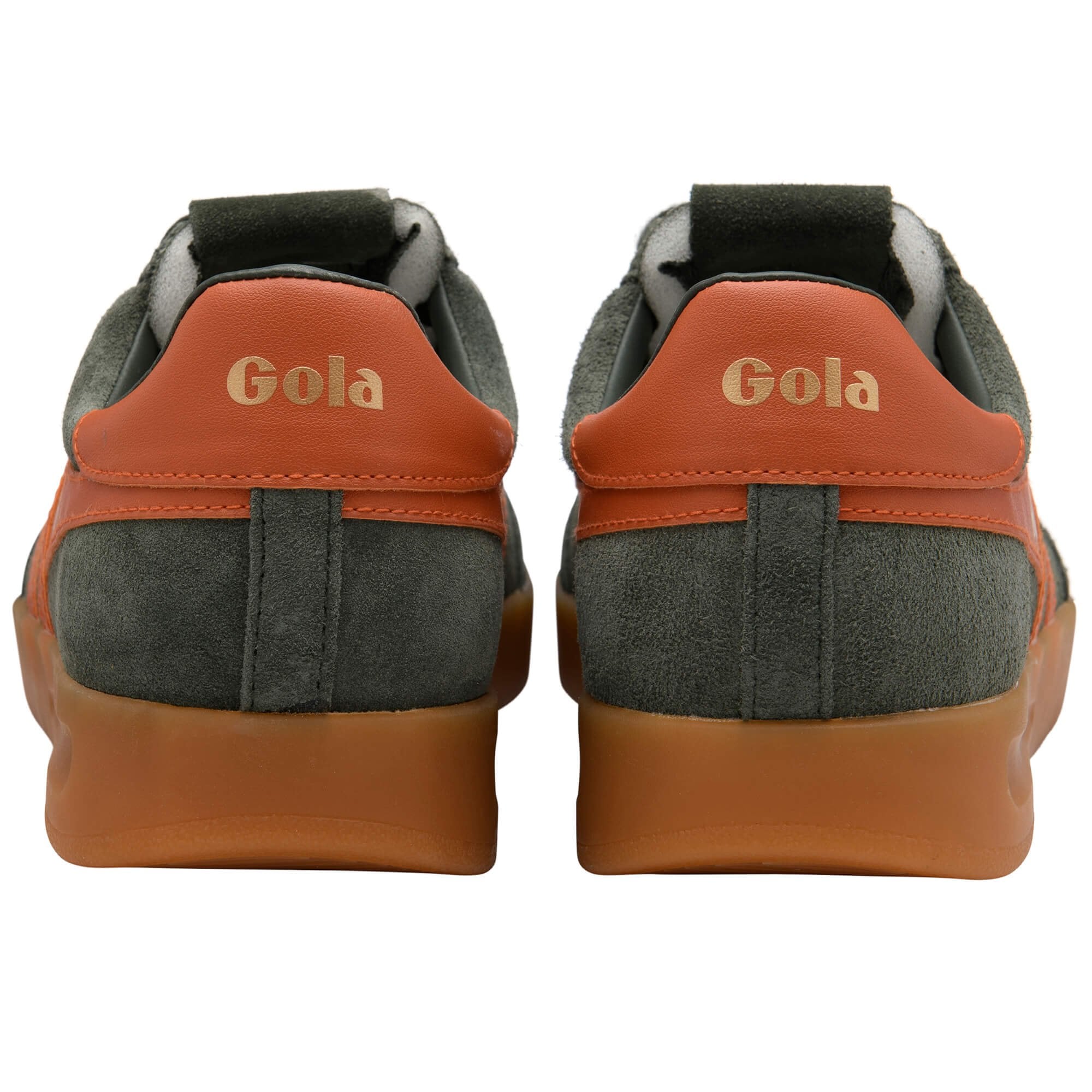 Back view of Gola trainers with green and orange design on a white background