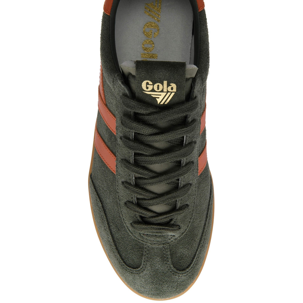 Green trainer with red stripes and Gola logo on a white background