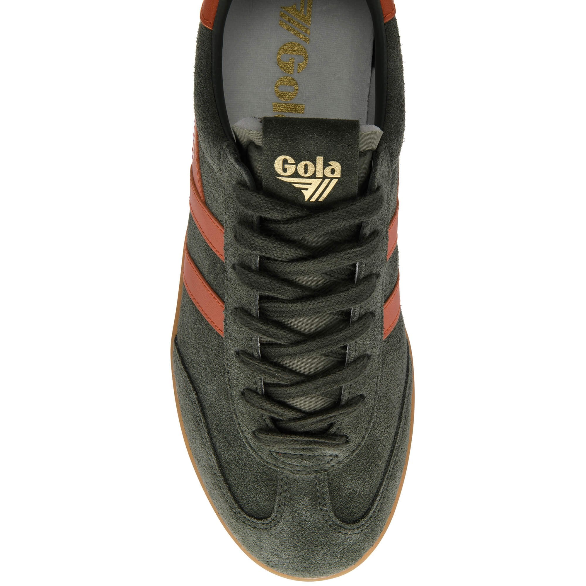 Green trainer with red stripes and Gola logo on a white background