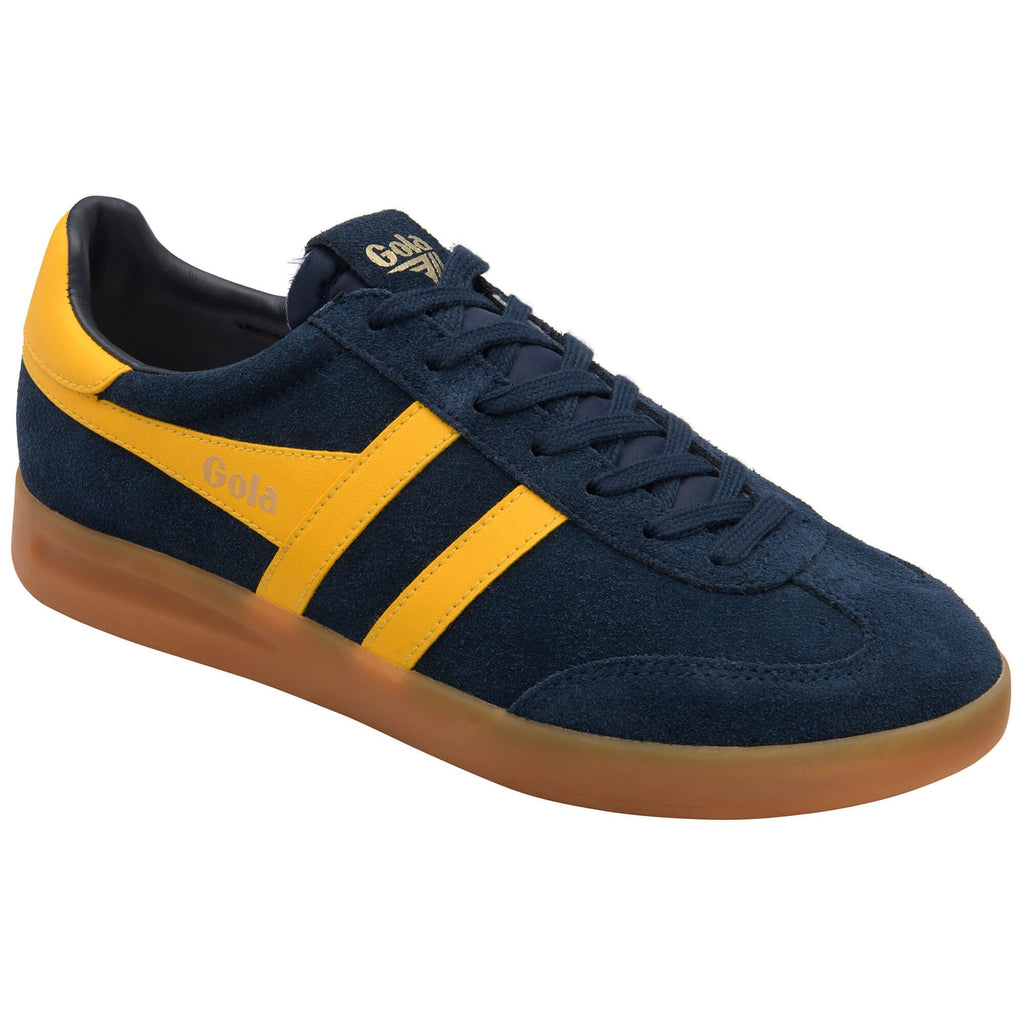 Navy blue and yellow trainer with Gola logo on the side on a white background