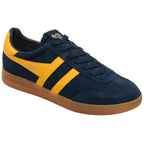 Navy blue and yellow trainer with Gola logo on the side on a white background