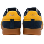 Back view of navy and yellow Gola trainers on a white background